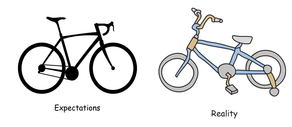 Showing two bicycles. One is what we expect to build another one is the reality.