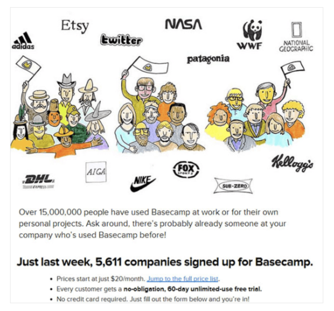 Basecamp’s social proof. How many customers have been registered in the last week.